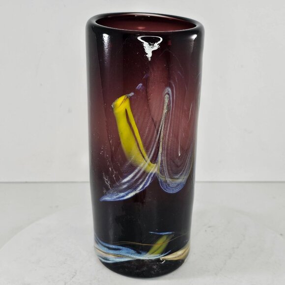 Hand Blown Art Glass Vase With Abstract Design & Swirl Signed Laughing Dragon - Picture 2 of 12